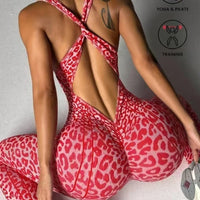 Leopard Print V-Neck Backless Yoga Bodysuit - Sleeveless