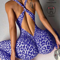 Leopard Print V-Neck Backless Yoga Bodysuit - Sleeveless