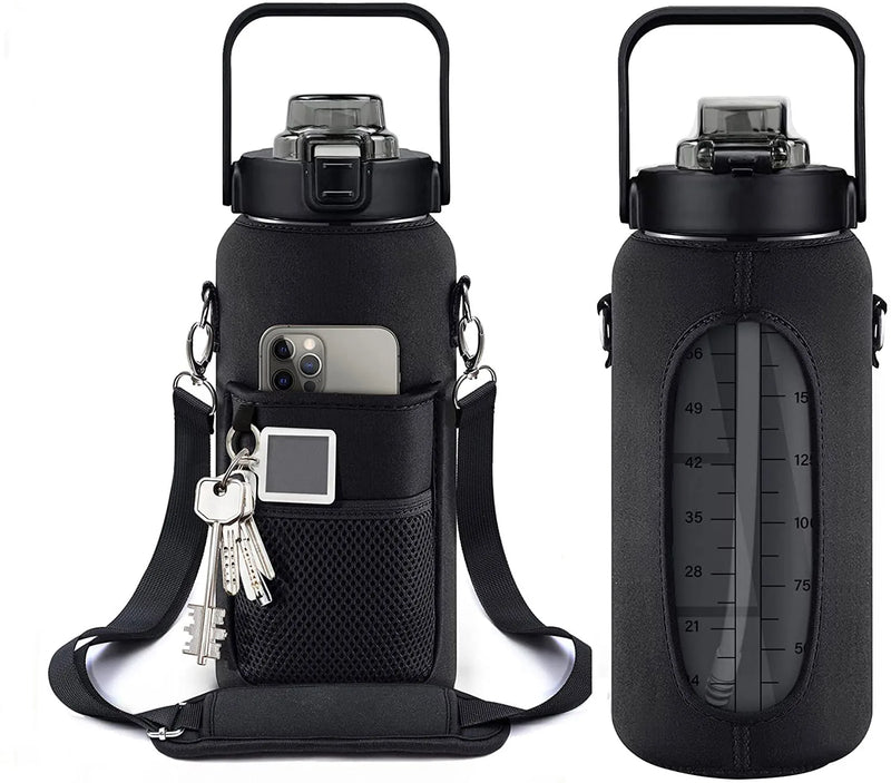 2L Motivational Water Bottle with Straw, Sleeve & Time Marker - 64oz