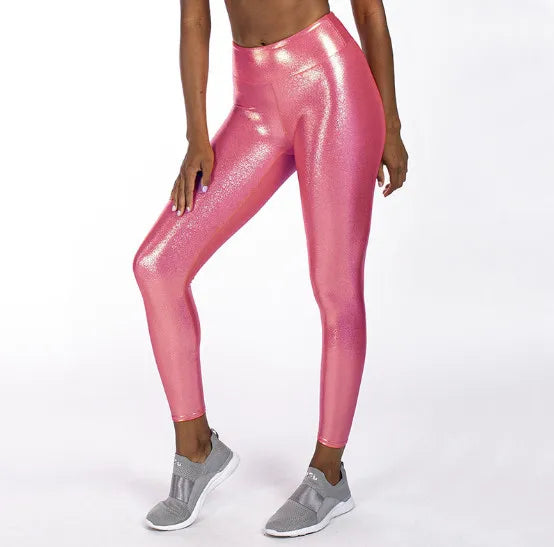 Metallic Shiny High-Waist Leggings - Stretchy Streetwear