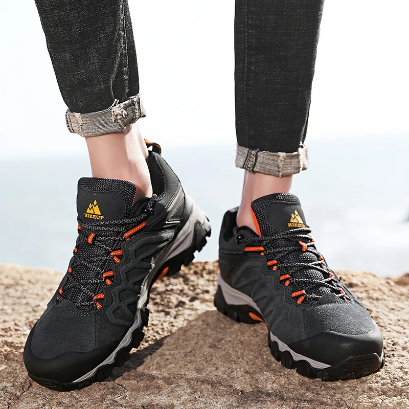 HIKEUP Men's Leather Trekking Shoes - Breathable Rubber Outsole