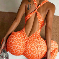 Leopard Print V-Neck Backless Yoga Bodysuit - Sleeveless