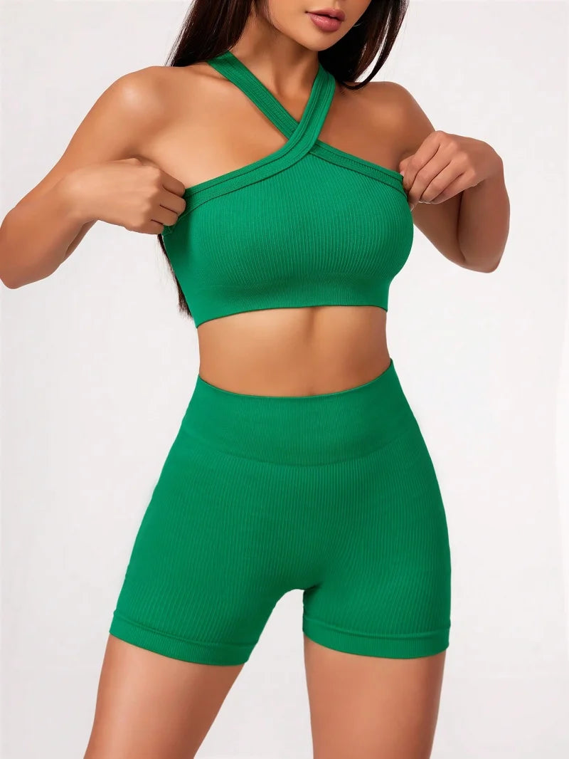 2-Piece Naked-Feel Yoga Set - Strappy Bra & High-Waist Shorts