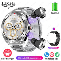 LIGE 2-in-1 AMOLED Smartwatch with Built-In Bluetooth Earbuds