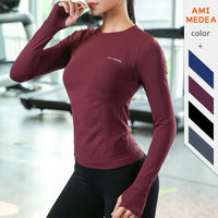 Solid Colour Long-Sleeve Seamless Crop Top - Breathable Quick-Dry